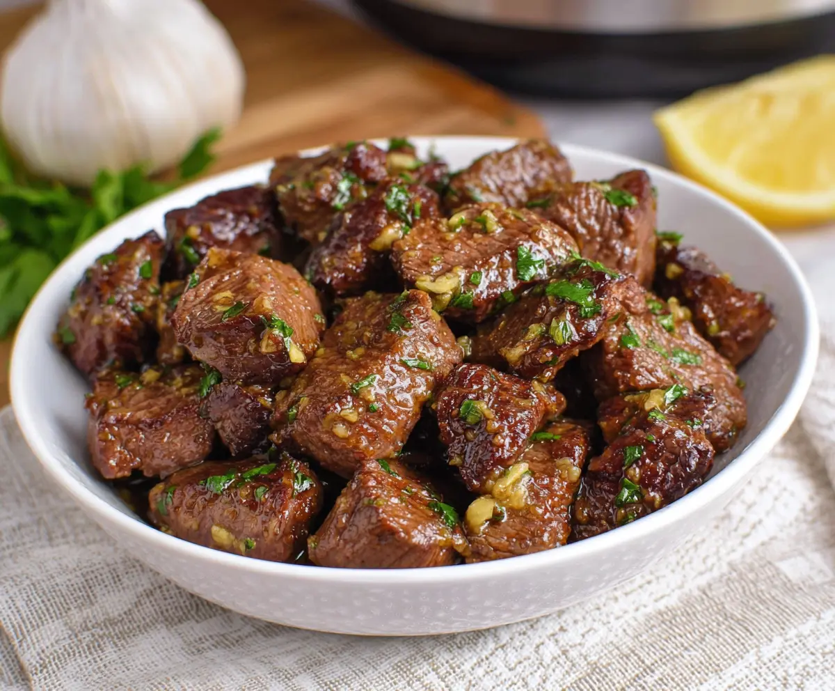 Delicious Crockpot Garlic Butter Steak Bites served with fresh herbs on a rustic plate.