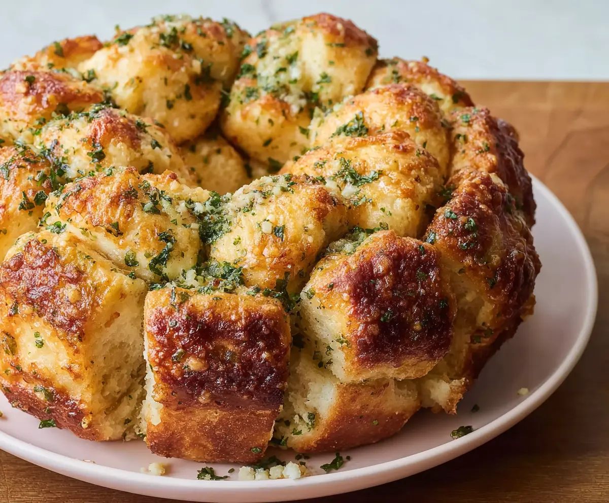Delicious garlic Parmesan monkey bread pulled apart into golden, cheesy, garlicky bites.