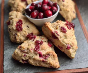 Delicious gluten-free cranberry scones with fresh cranberries and golden crust.