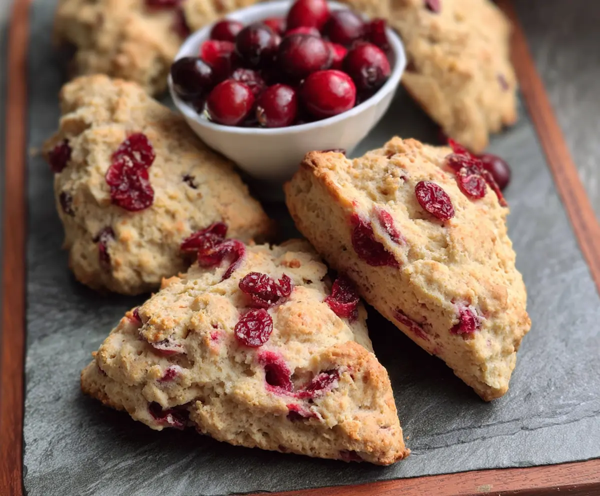 Delicious gluten-free cranberry scones with fresh cranberries and golden crust.
