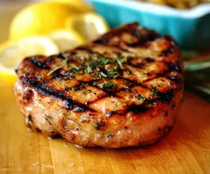 Juicy grilled lemon herb pork chops on a barbecue grill, perfect for summer dinners.