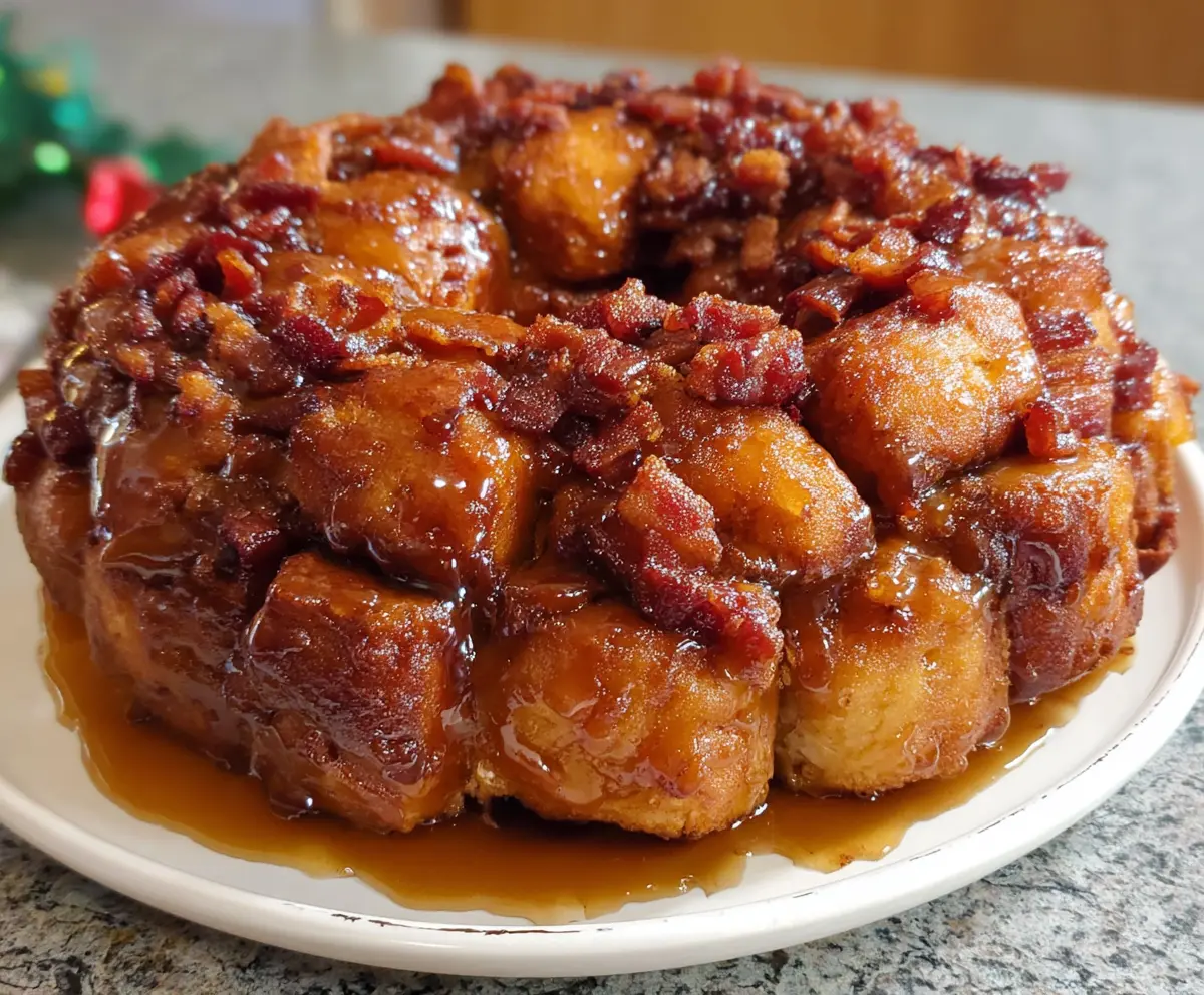 Delicious maple bacon monkey bread drizzled with syrup, perfect for breakfast or brunch.