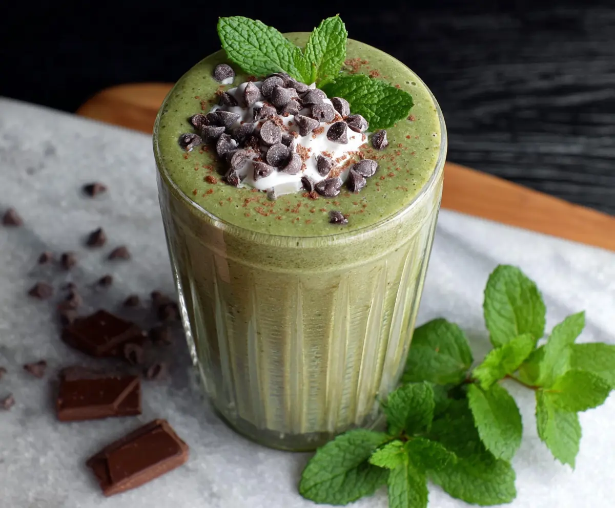 Creamy mint chocolate chip smoothie in a glass garnished with fresh mint leaves, perfect for a refreshing treat.