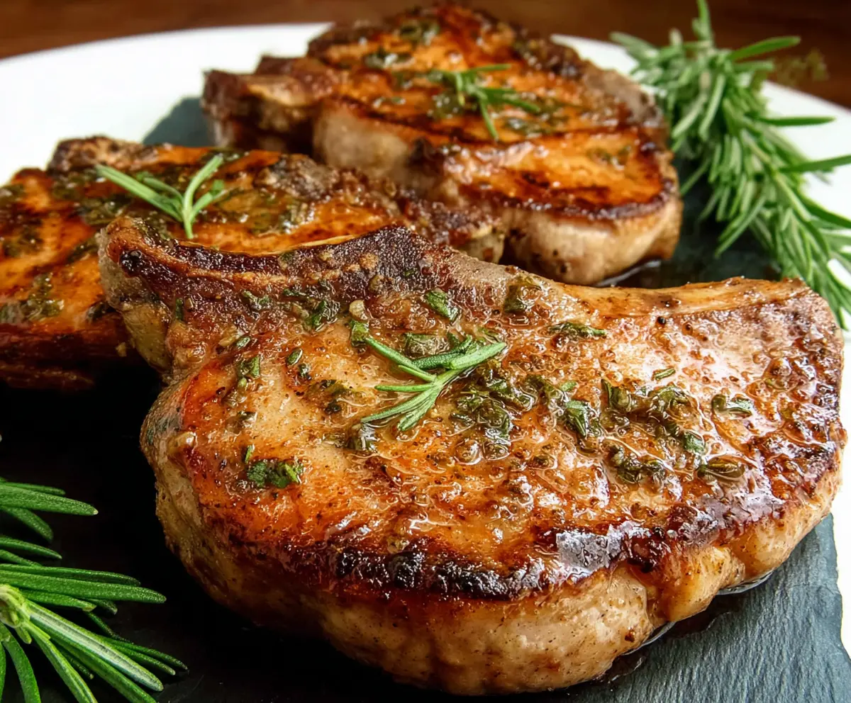 Savory Modenese Pork Chops served with fresh herbs and a side of vegetables.