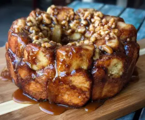 Delicious Monkey Bread with a sweet twist, showcasing golden-brown, gooey pastry chunks topped with caramel sauce.