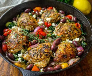 Delicious skillet high-protein Greek chicken recipe cooked with herbs and olive oil.