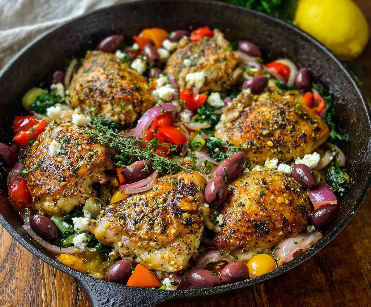 Delicious skillet high-protein Greek chicken recipe cooked with herbs and olive oil.