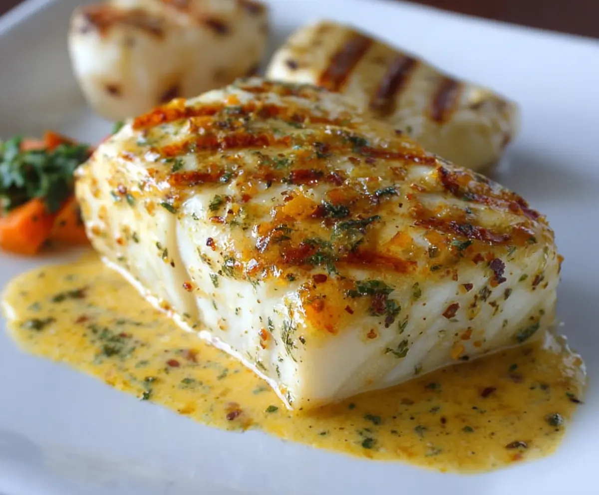 Delicious Orange Dijon Grilled Halibut served with fresh citrus slices and herbs.