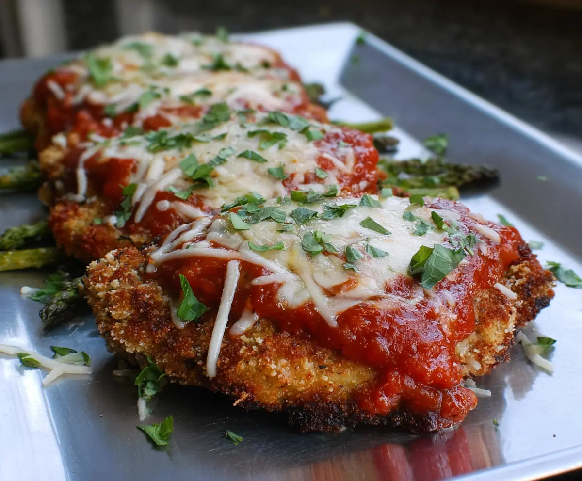 Crusted panko-breaded pork parmesan topped with melted cheese and fresh basil on a serving plate.