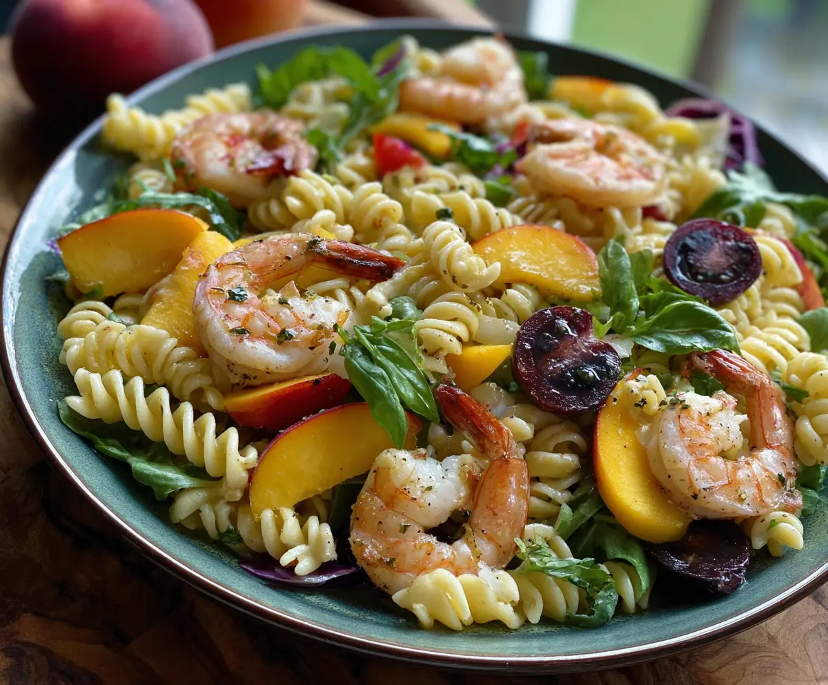 Fresh peach and shrimp pasta salad in a bowl, garnished with herbs for a delicious summer recipe