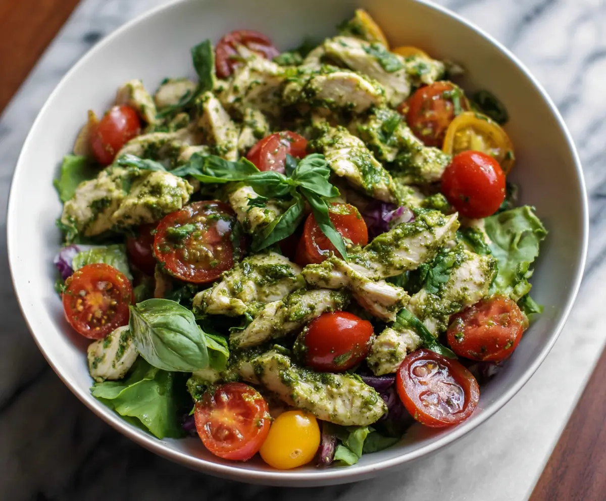 Fresh pesto chicken salad served with colorful vegetables, perfect for a healthy meal.