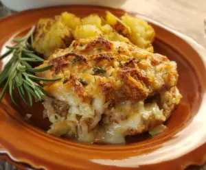 Delicious pork chop and potato casserole topped with melted cheese and fresh herbs.