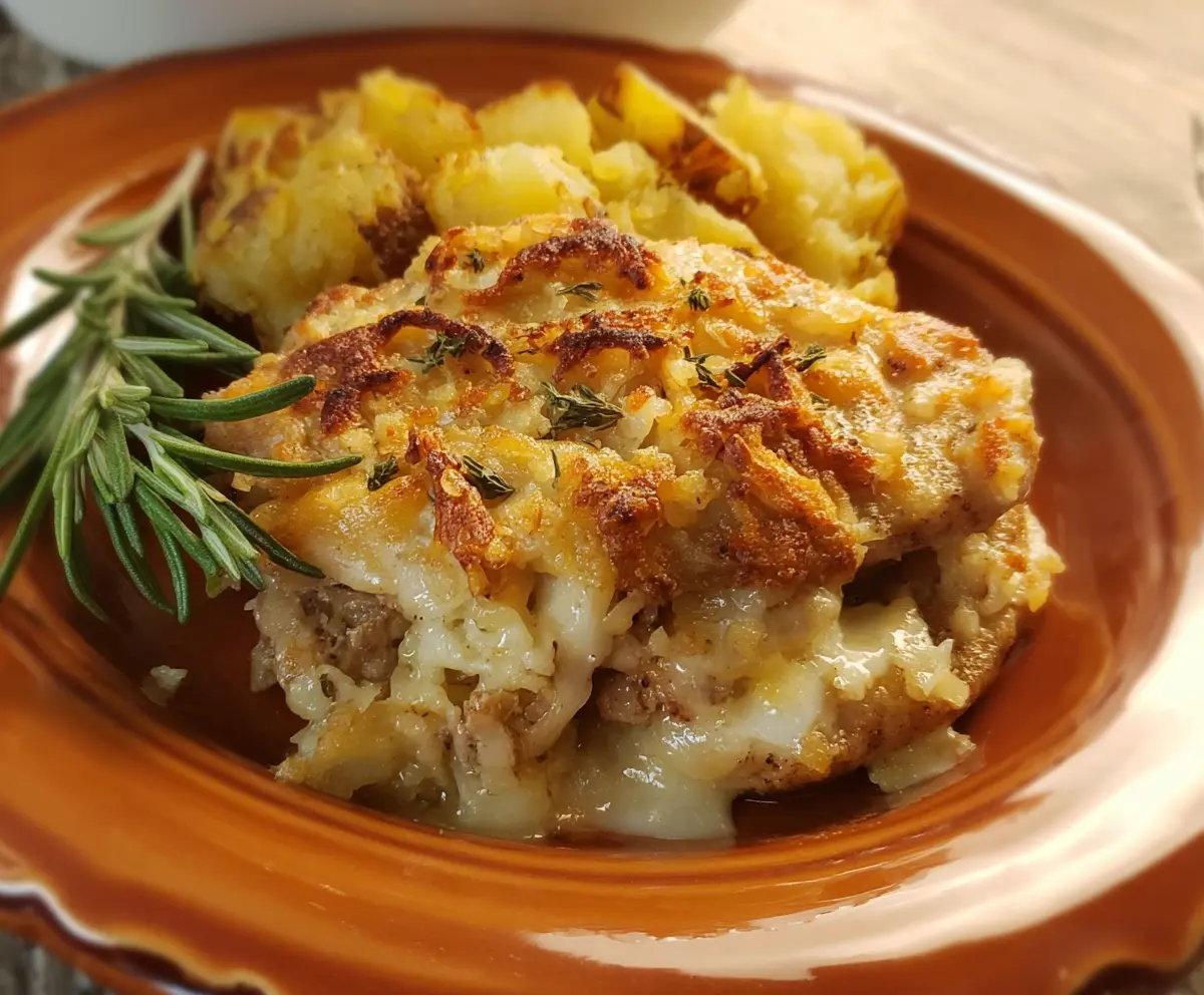 Delicious pork chop and potato casserole topped with melted cheese and fresh herbs.