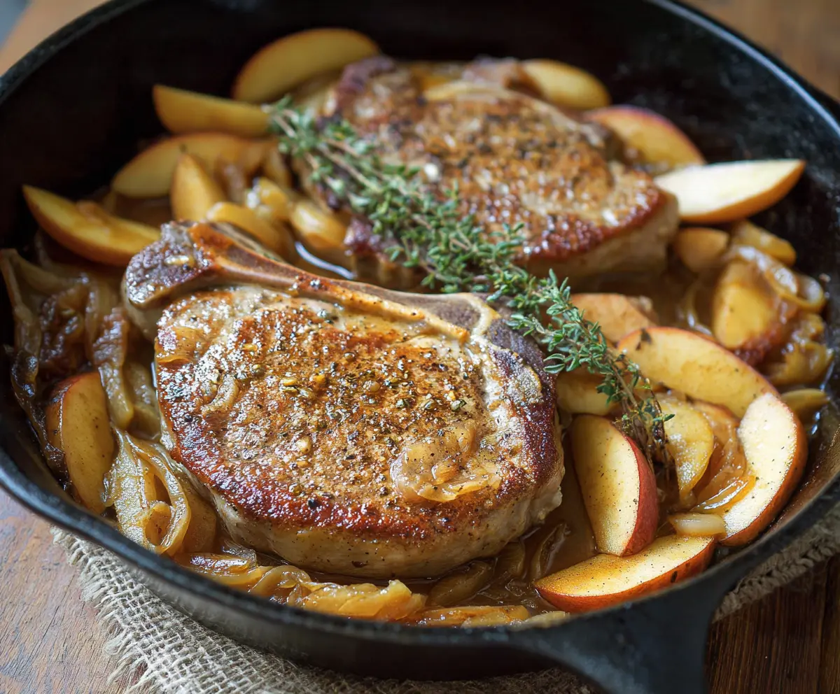 Delicious pork chops served with sautéed apples and onions on a dinner plate.