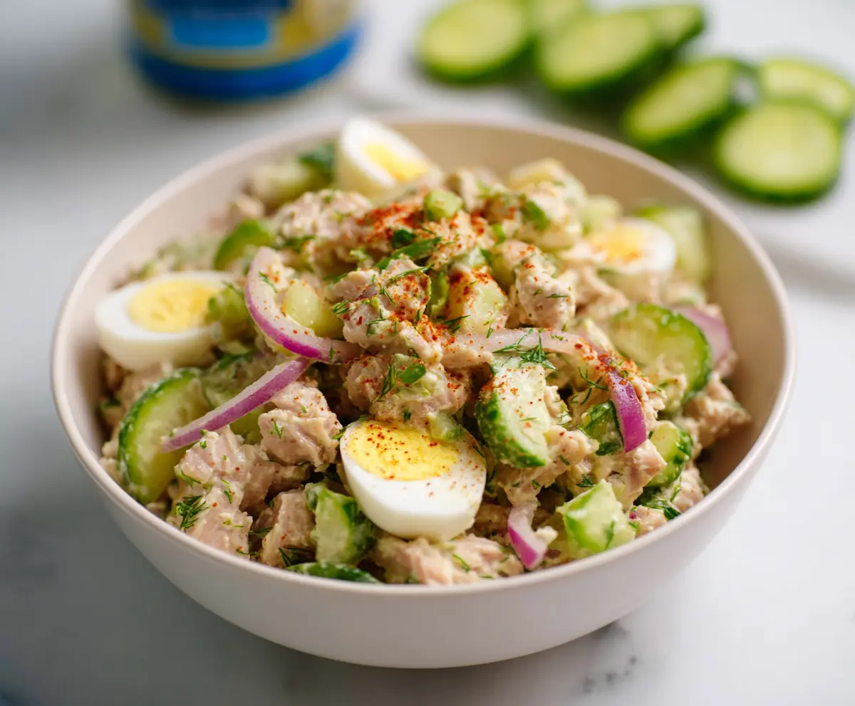 Healthy Protein Pickle Tuna Salad served in a bowl with fresh vegetables, perfect for a quick lunch or dinner