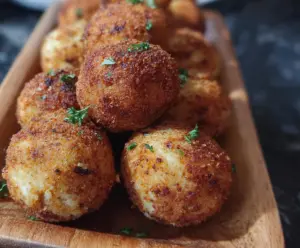 Crispy and golden Scrumptious Sauerkraut Balls served with dipping sauce.