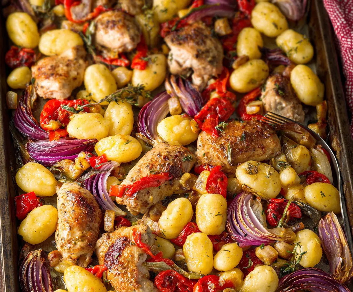 Delicious sheet pan chicken scarpariello with cozy gnocchi makeover on a rustic serving plate.
