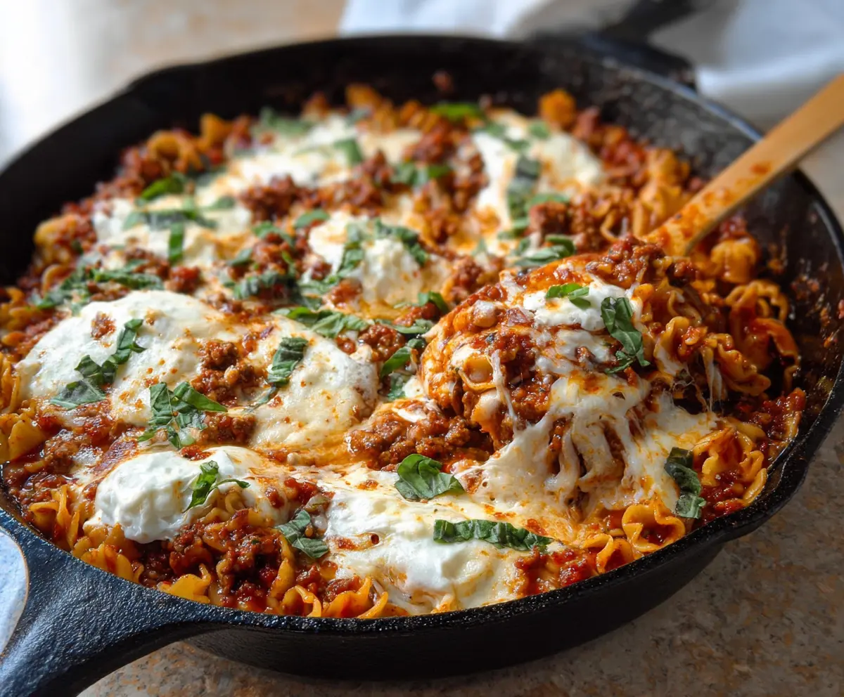 Delicious skillet lasagna served in a rustic skillet with melted cheese and fresh herbs