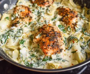 Delicious Spinach Artichoke Chicken Skillet on a plate, showcasing fresh spinach, artichokes, and tender chicken for Paleo, Whole30, and Keto diets.