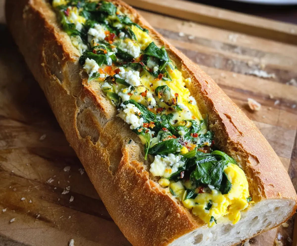 Delicious Spinach & Feta Breakfast Baguette with fresh ingredients and crispy crust