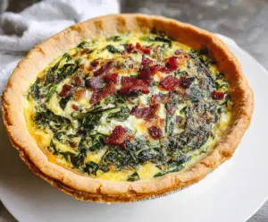 Delicious spinach quiche with crispy bacon slices on top, served fresh for breakfast or brunch.