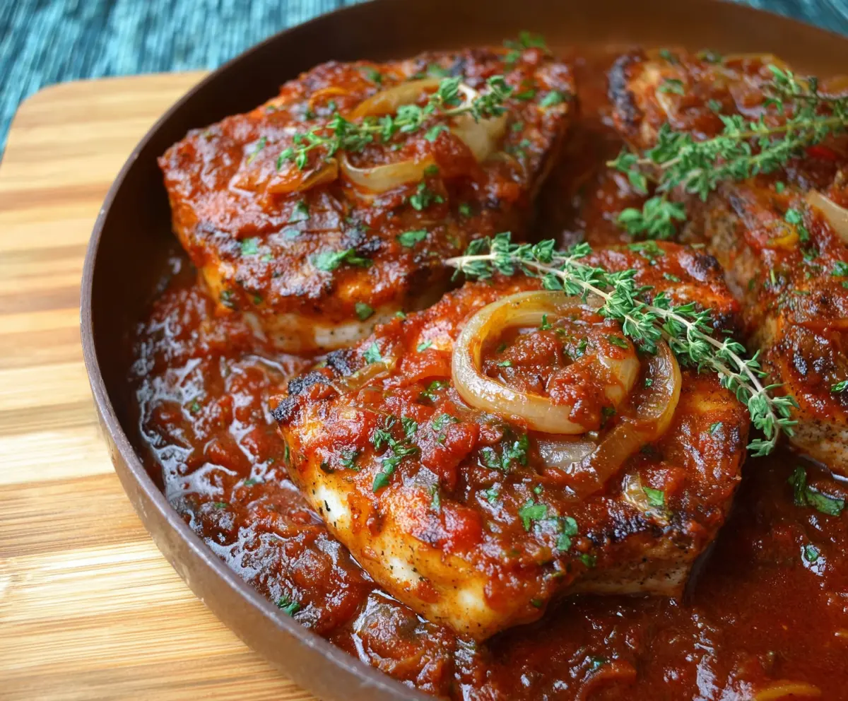 Savory tomato pork loin chops cooked to perfection with fresh tomatoes and aromatic herbs.