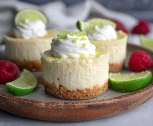 Delicious vegan mini key lime cheesecakes garnished with lime slices and fresh mint.