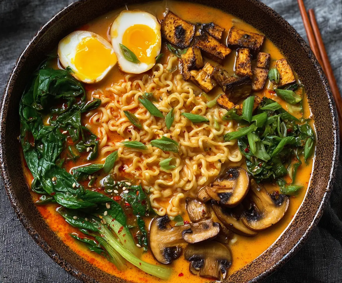Delicious vegan Thai red curry ramen bowl with colorful vegetables and tofu, showcasing a spicy and fragrant dish.
