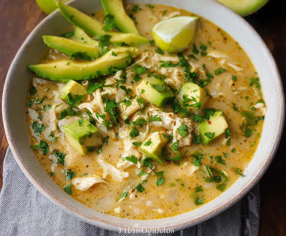 Delicious Whole30 White Chicken Chili served in a bowl with fresh herbs and lime.