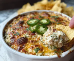 Creamy Baked Chuy's Jalapeno Chicken Dip topped with melted cheese and fresh jalapenos, served in a bowl for a zesty appetizer.