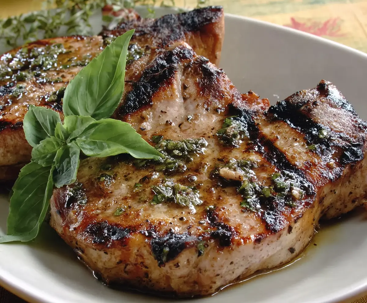 Juicy basil-garlic grilled pork chops served on a platter, perfect for a flavorful dinner.