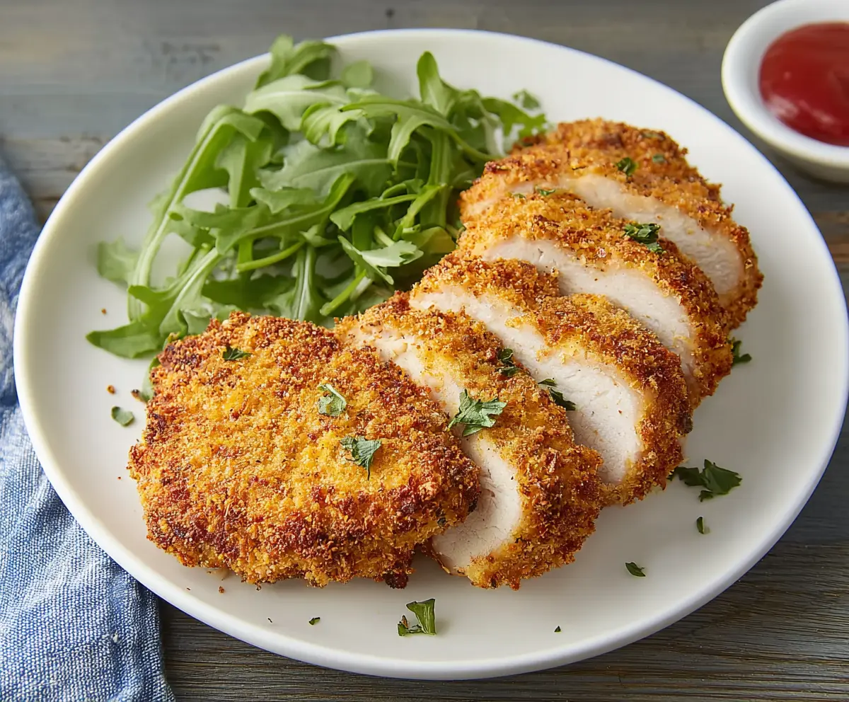 Crispy breaded air fryer pork chops served on a plate with side vegetables.