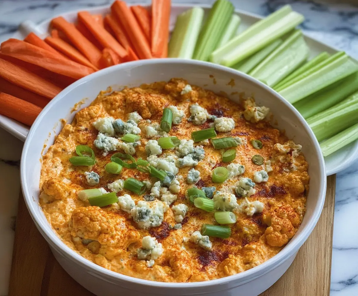 Creamy Buffalo Cauliflower Dip served with fresh vegetables on a white platter.