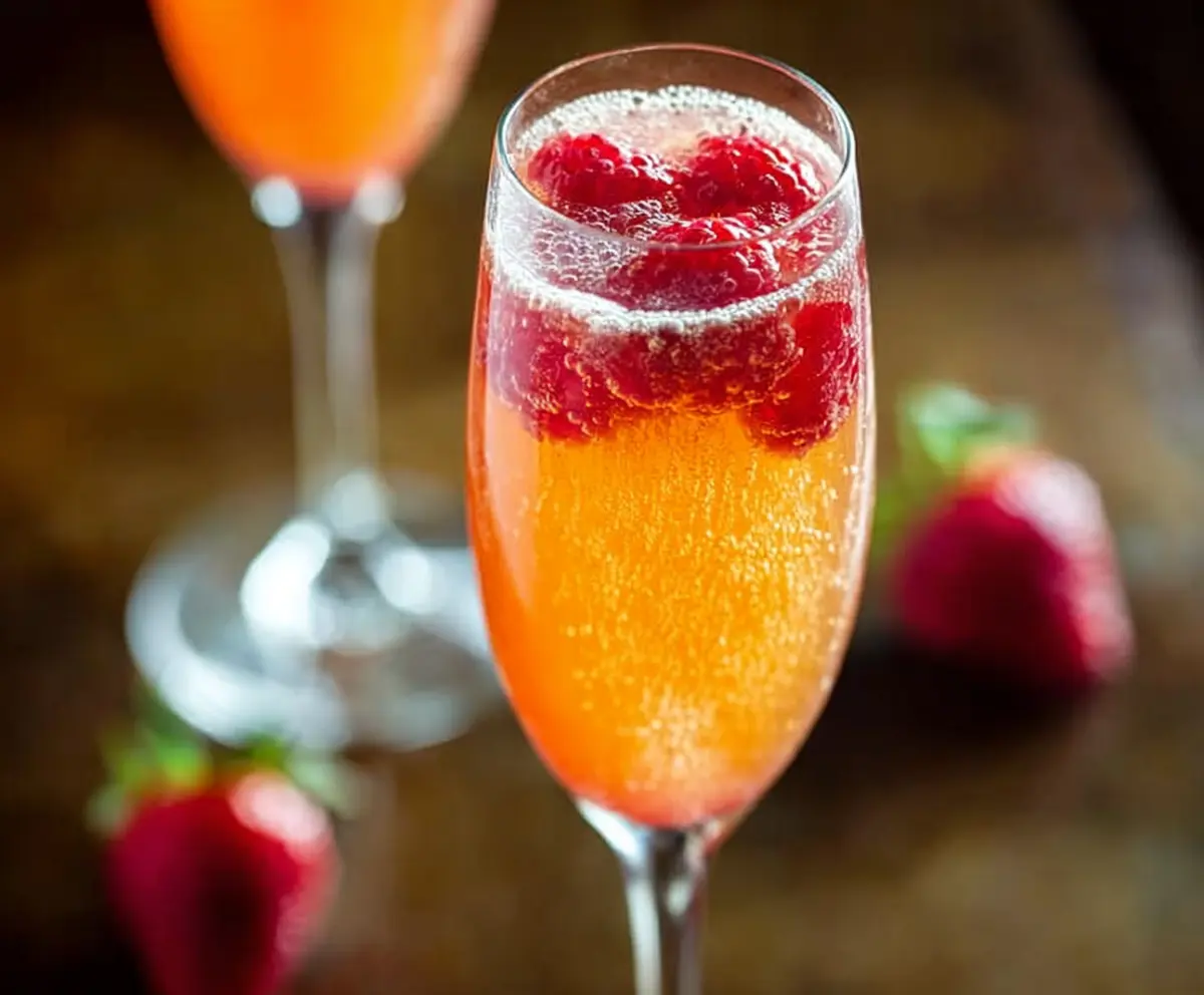A refreshing Champagne Punch Bellini cocktail garnished with fresh fruit, perfect for celebrations.