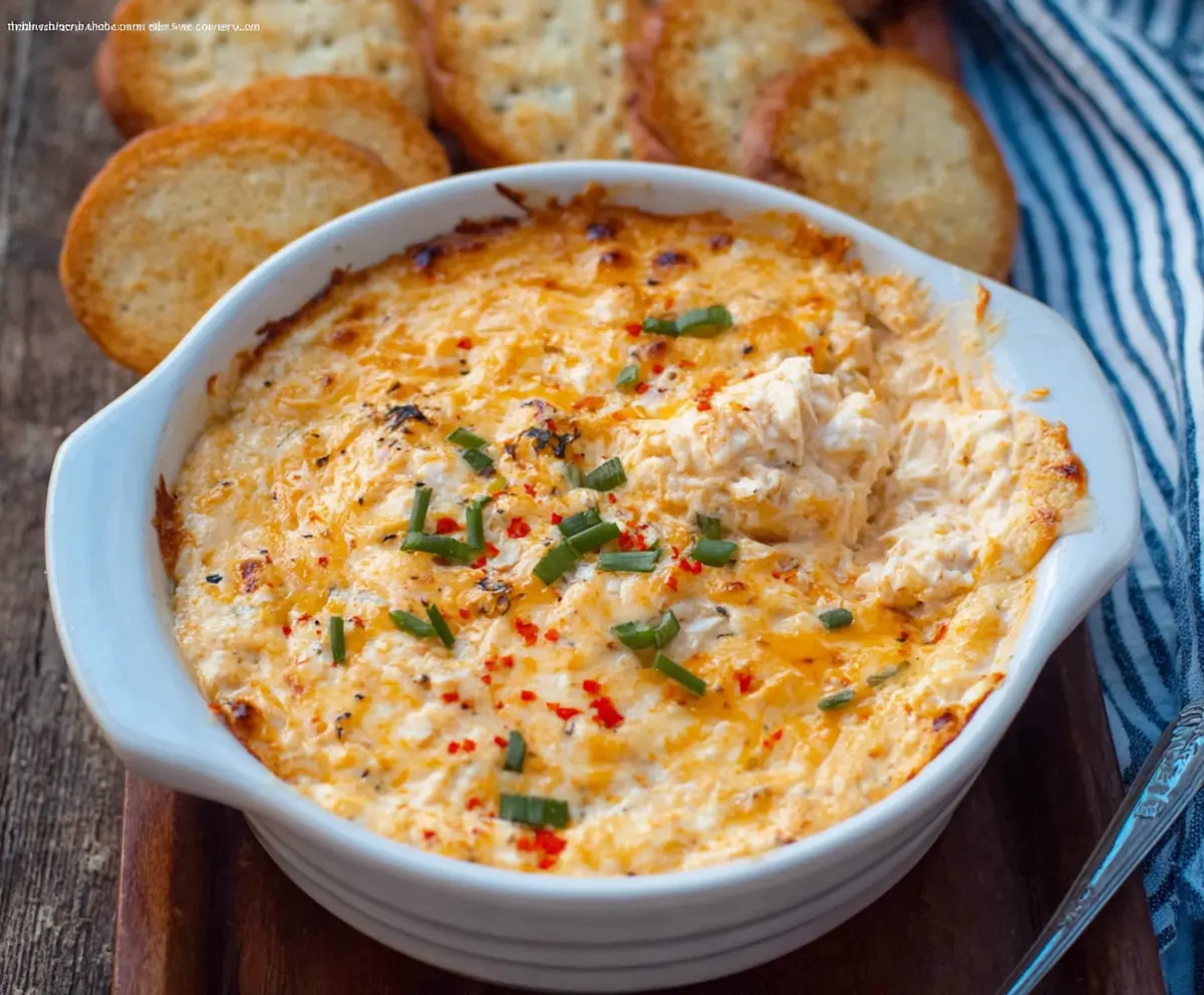 Delicious cheesy hot crab dip served in a bowl, perfect for sharing at parties.