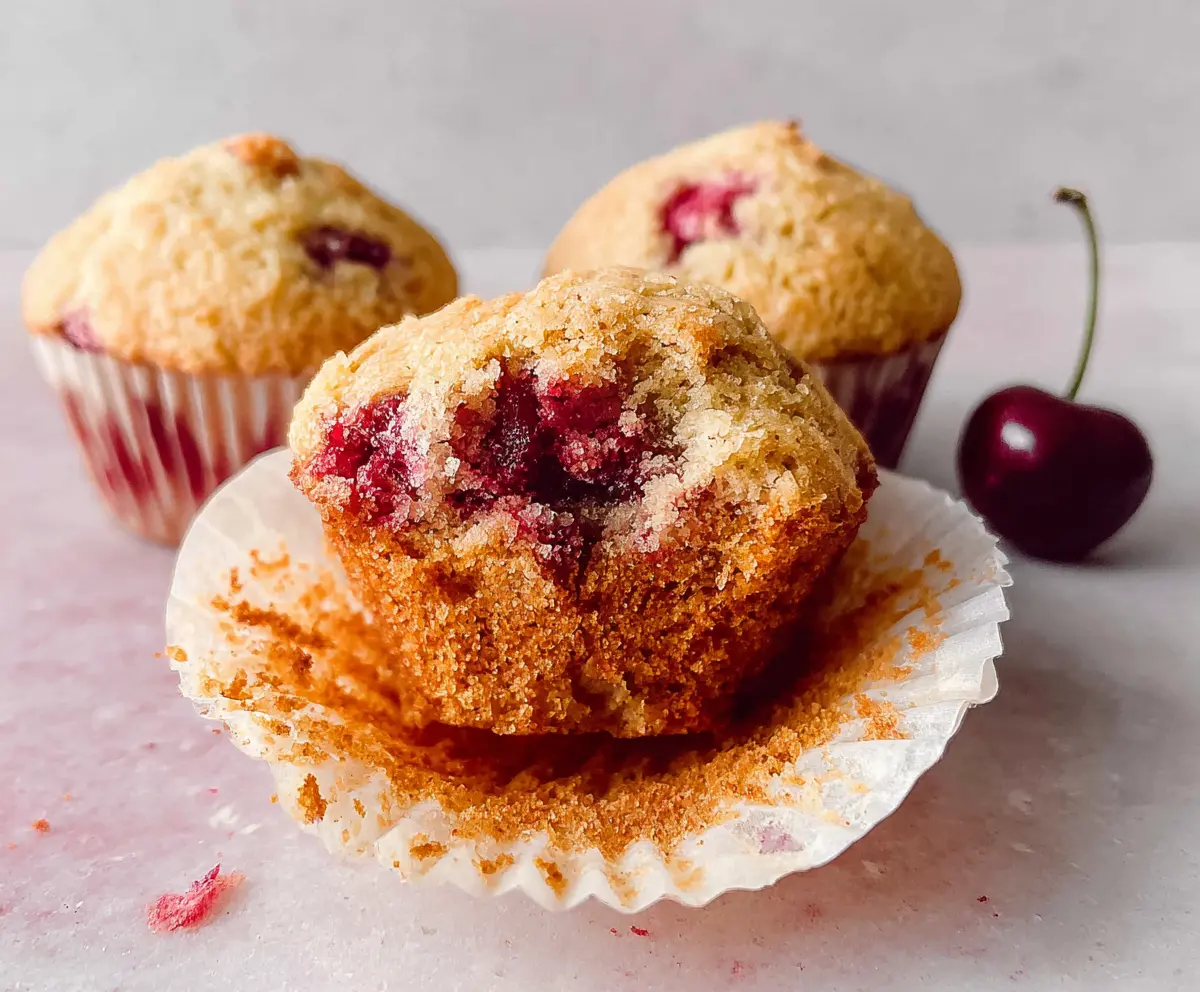 Fresh cherry muffins in a baking tin with ripe cherries and golden tops