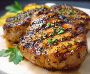 Juicy Chesapeake Bay Pork Chops seasoned with herbs and served with fresh vegetables.