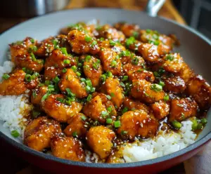 Succulent Chinese Honey Garlic Chicken served with steamed vegetables and rice.