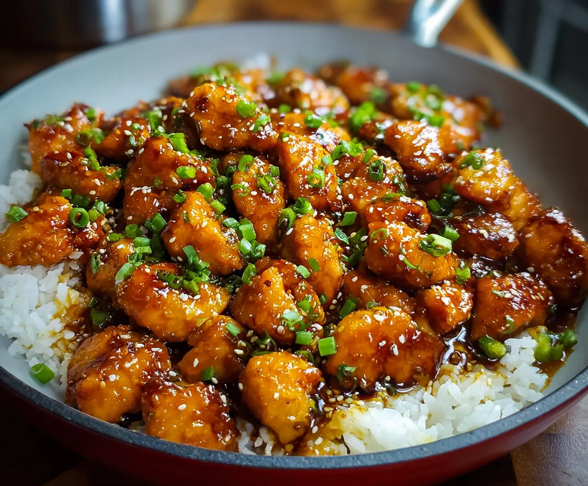 Succulent Chinese Honey Garlic Chicken served with steamed vegetables and rice.