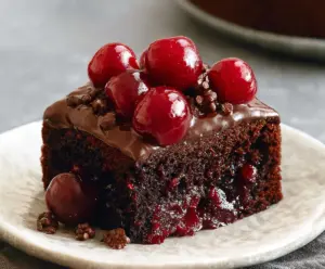 Delicious homemade chocolate cherry cake with rich chocolate layers and fresh cherries on top.