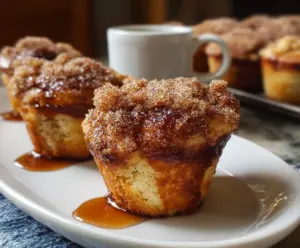 Delicious Cinnamon Sugar French Toast Muffins topped with cinnamon and powdered sugar on a rustic plate.