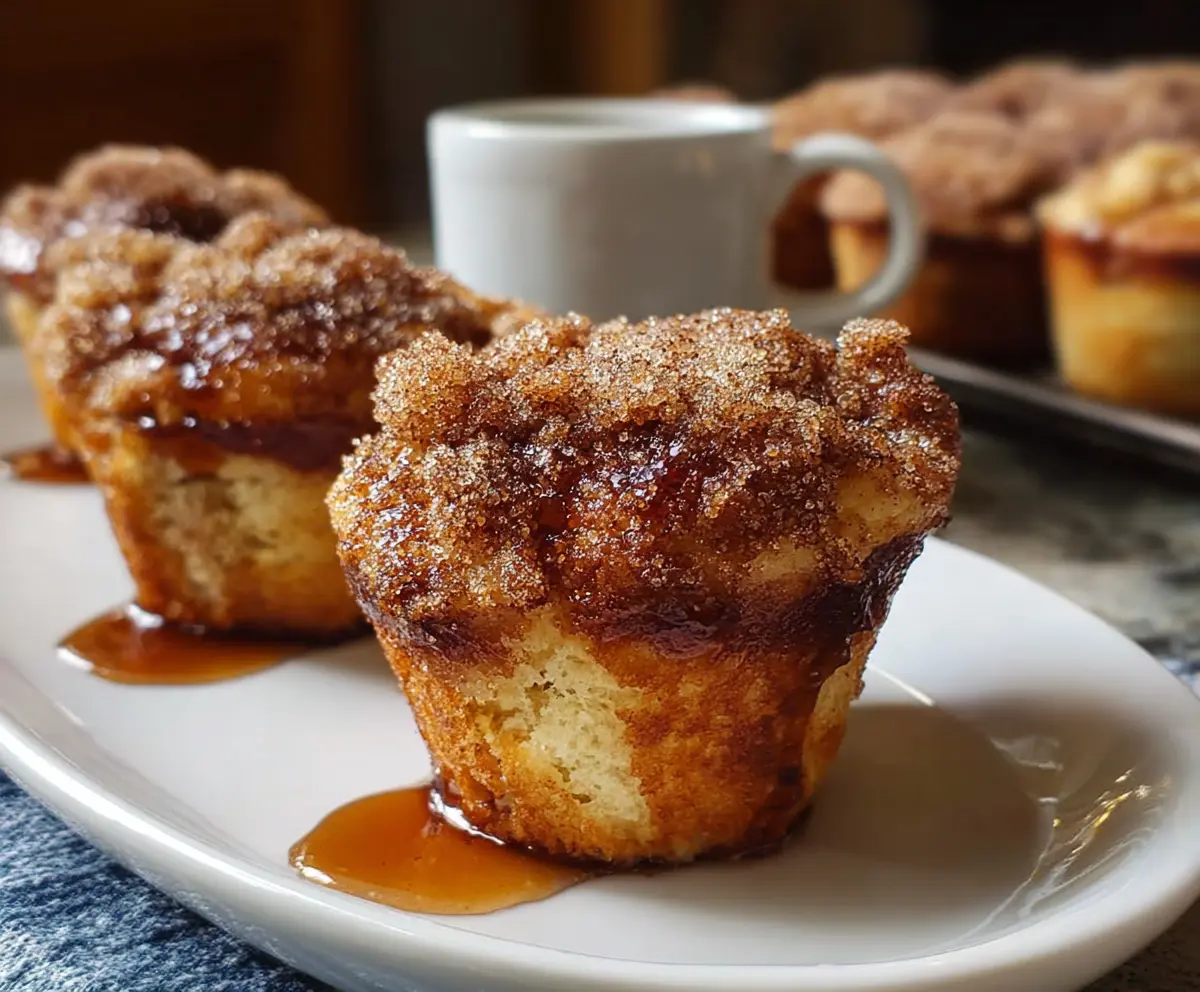Delicious Cinnamon Sugar French Toast Muffins topped with cinnamon and powdered sugar on a rustic plate.