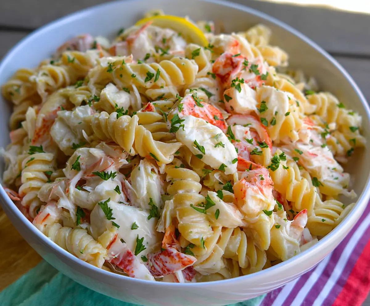 Delicious crab pasta salad with fresh seafood, pasta, and vibrant vegetables, perfect for summer gatherings.