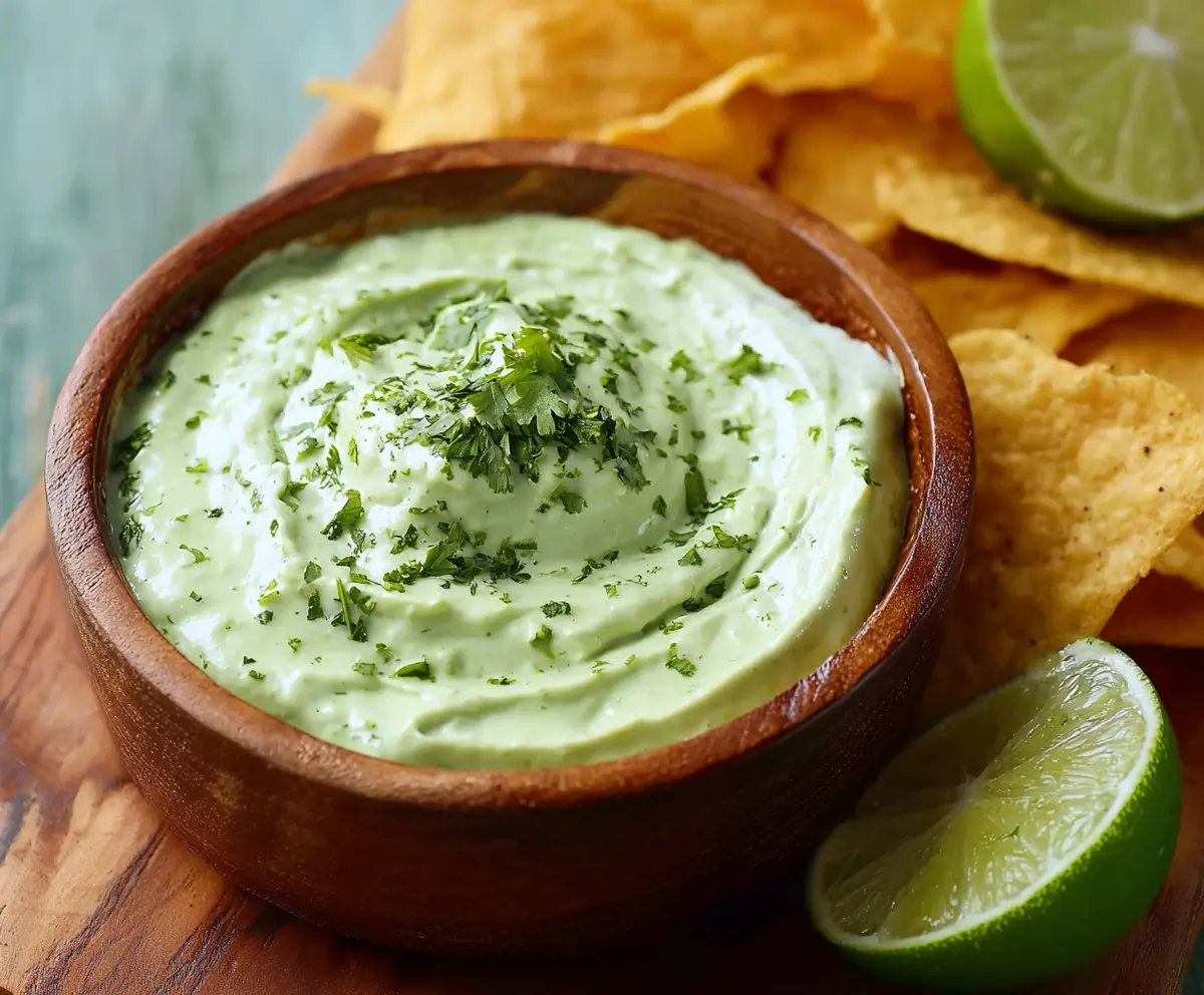 Creamy avocado cilantro lime dip served in a bowl with fresh cilantro and lime wedges.