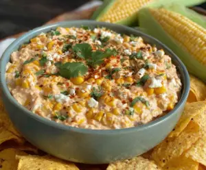 Creamy Chipotle Corn Dip served in a bowl with fresh herbs and corn kernels for a spicy appetizer.
