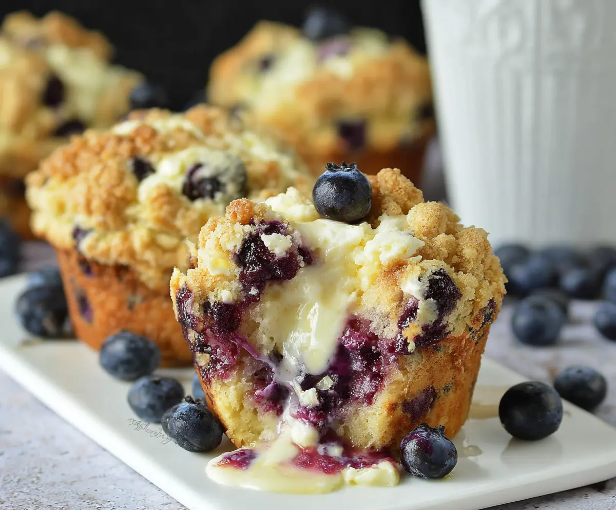 Freshly baked blueberry muffins with a swirl of creamy cream cheese on top, perfect for breakfast or snacks.