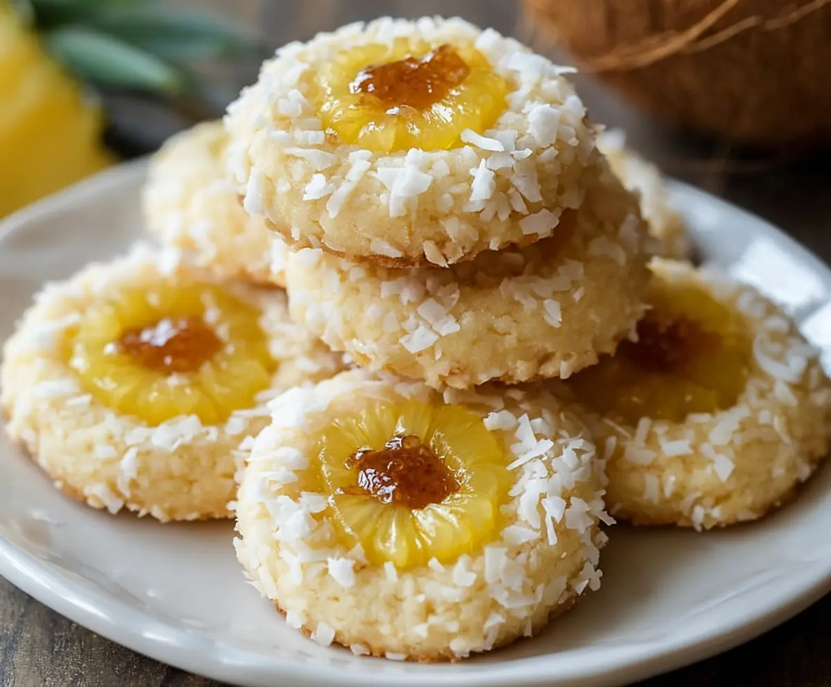 Delicious Hawaiian pineapple coconut thumbprint cookies on a plate showcasing tropical flavors.