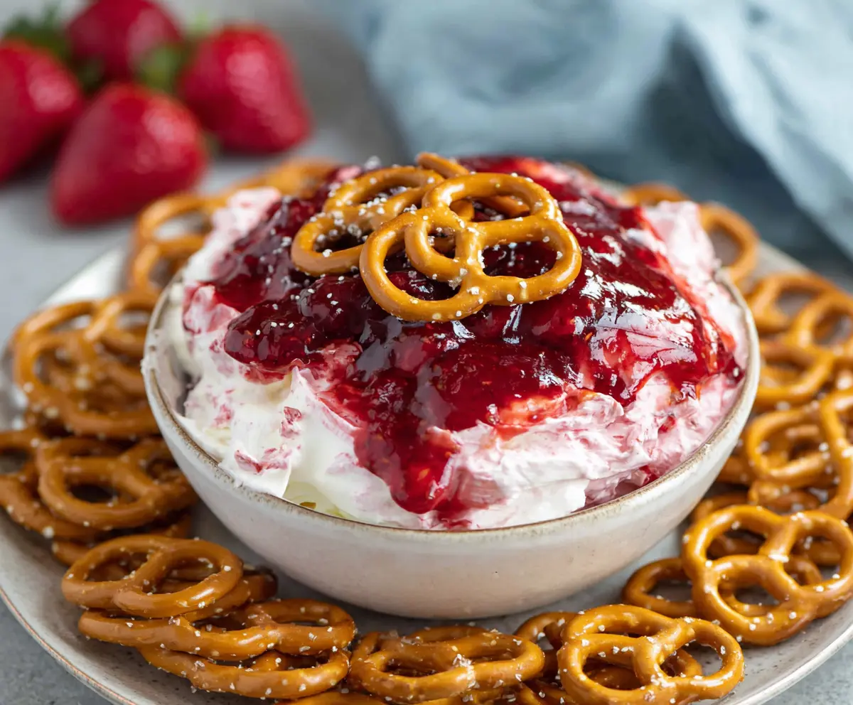 Delicious Easy Strawberry Pretzel Salad Dip served in a clear bowl, topped with fresh strawberries and mint leaves.