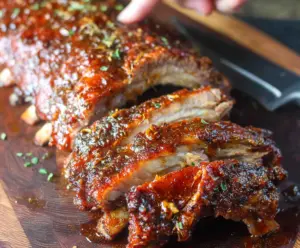 Juicy fall-off-the-bone ribs glazed with smoky barbecue sauce on a rustic wooden table.