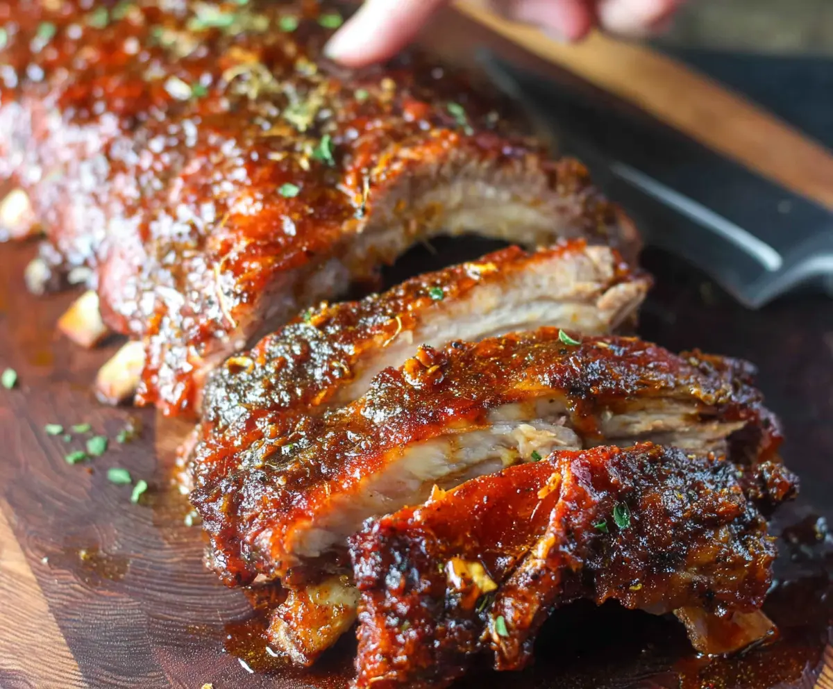 Juicy fall-off-the-bone ribs glazed with smoky barbecue sauce on a rustic wooden table.